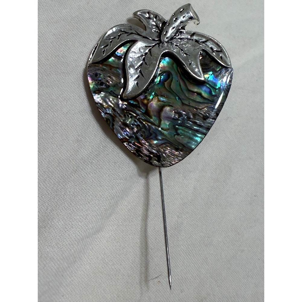 Vintage Abalone Shell Strawberry Stick Pin Brooch Silver Tone Fruit Jewelry - Picture 2 of 7
